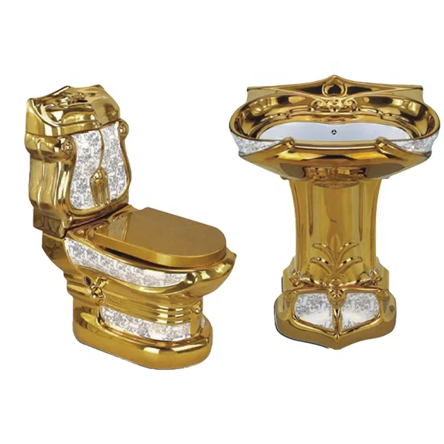 Luxury design bathroom golden wc one piece siphoinc flushing gold toilet electroplated