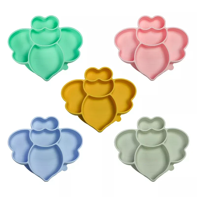 Children Feeding Plate Non-slip Food Feeding Baby Dishes Silicone Suction Cute Bees Plate