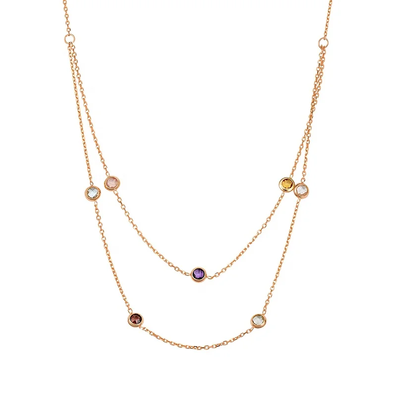 Gemnel women fine jewelry 925 silver gold plated pave rainbow zircons layered cable chain necklace