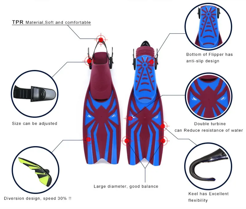 Custom Logo Fliper 62CM Open Heel Adjustable Strap Long PP TPR Rubber Deep Sea Diving Fins