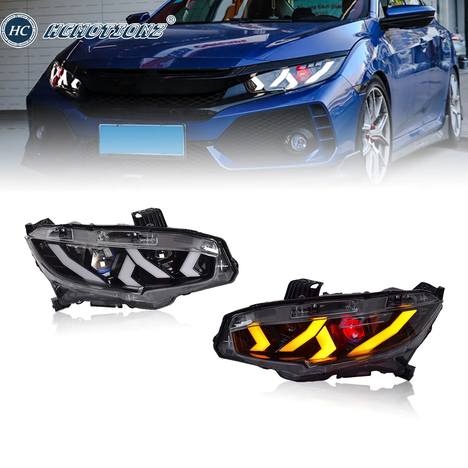 HCMOTIONZ Car LED Front Lamps Accessories 2016-2021 DRL Styling Head Lights Headlights Assembly for Honda Civic
