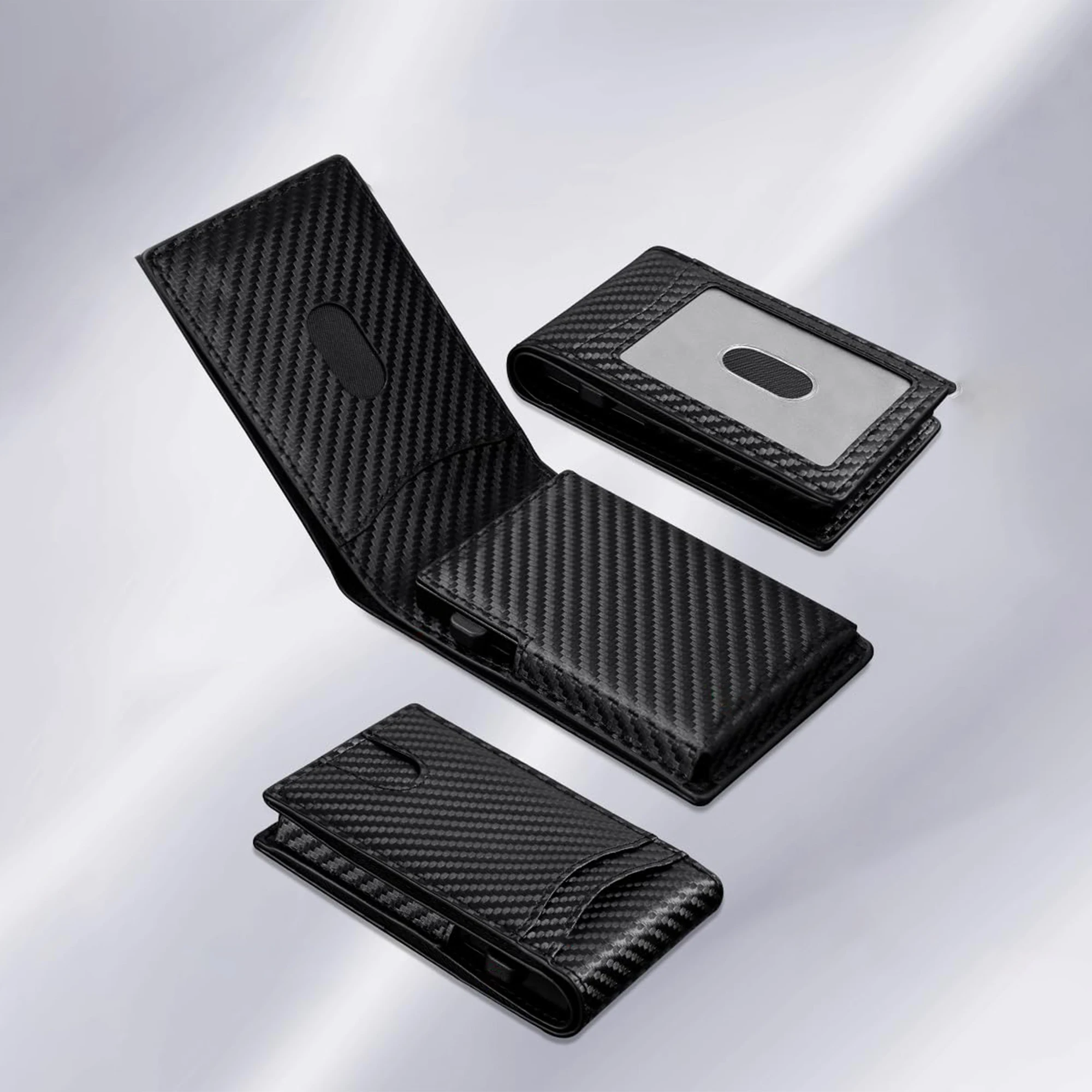 Carbon Fiber PU Leather Card Case Wallet RFID Blocking Minimalist Metal Aluminum Pop Up Credit Card Holder Wallet
