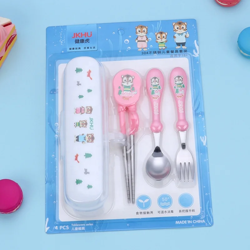 kids forks Training Chopsticks Flat Edge Stainless steel fork Spoon Grooved tableware Set with Case for Right-hand Children Kids