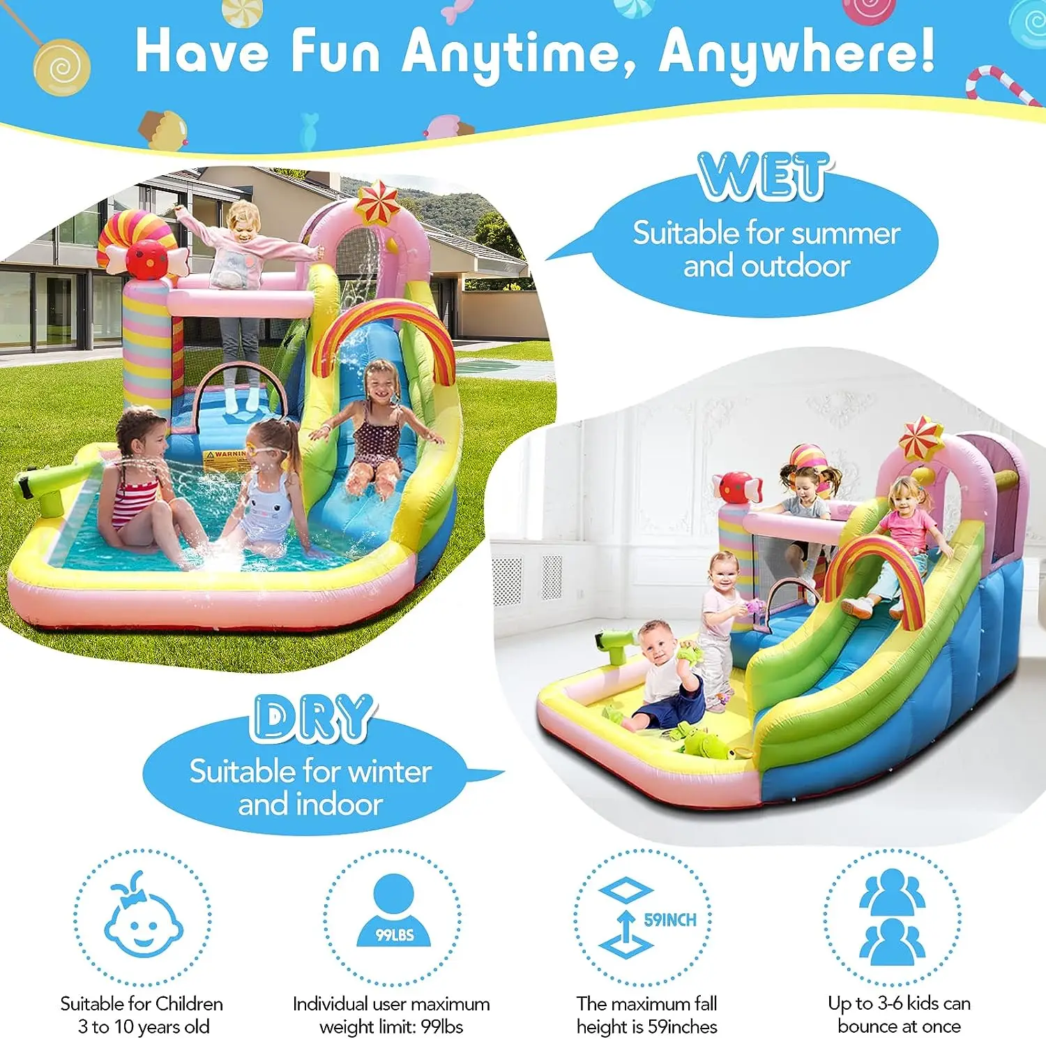 Candy Inflatable Bouncy House Inflatable Castle with Splash Pool Slide Pool Bouncer Combo for Kids to Play