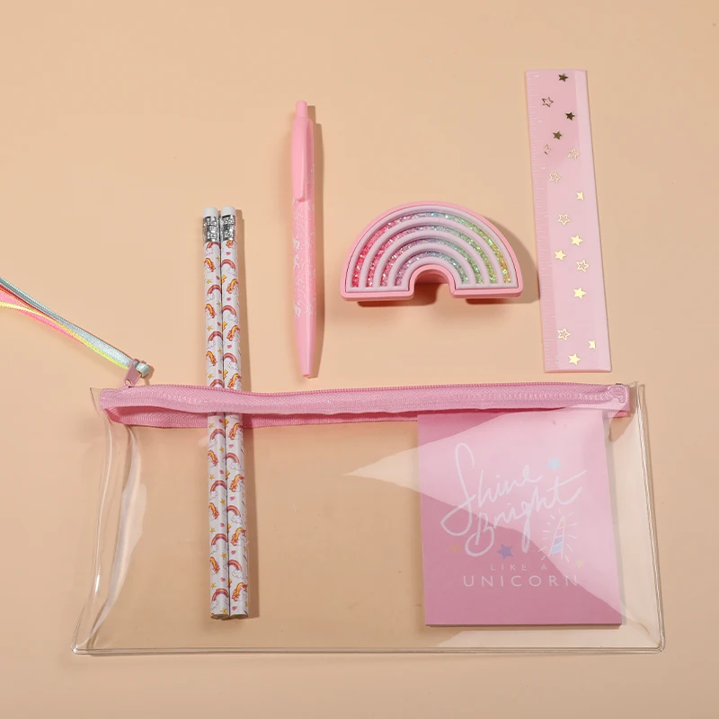 School Sticky Notes PVC Pencil Sharpener Case Plastic Ballpoint Pen Stationery Set