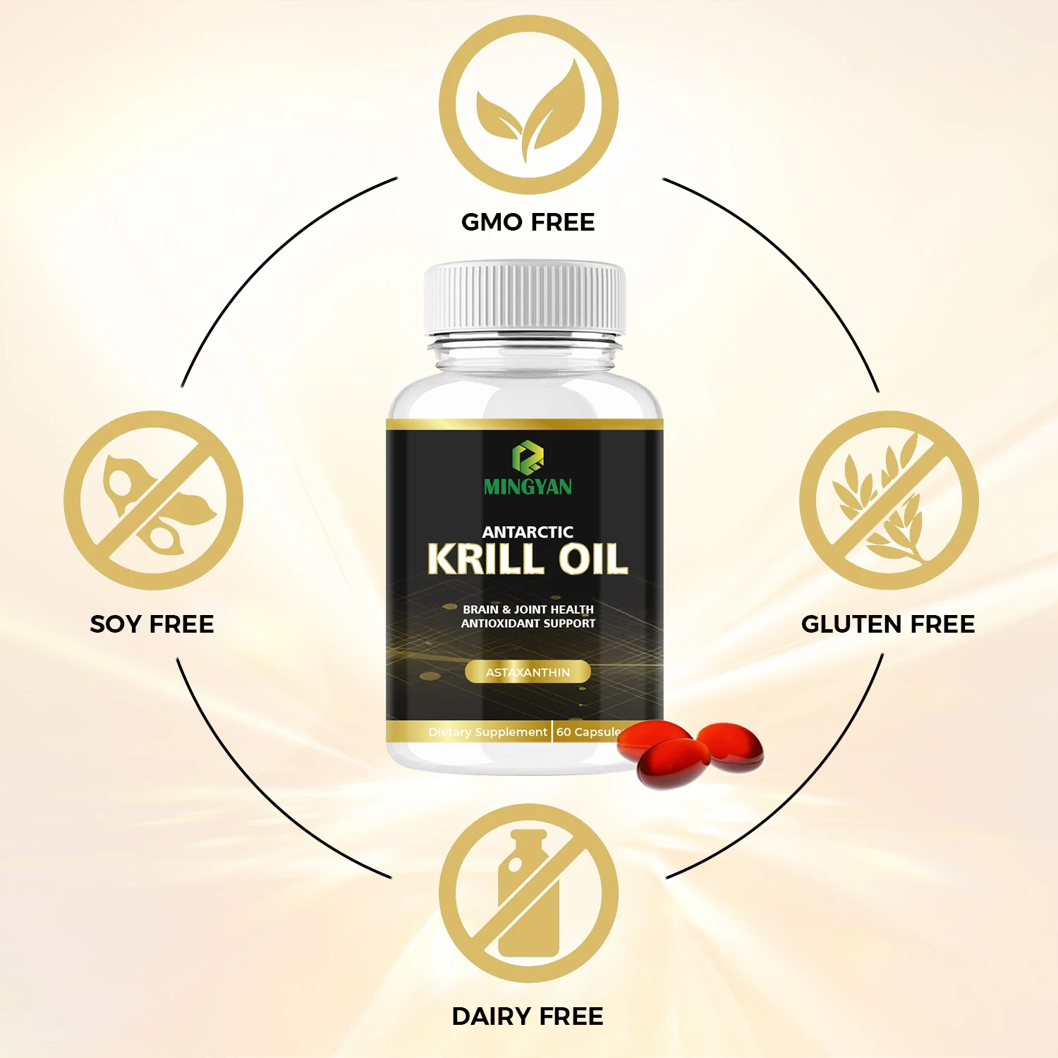 OEM/ODM Krill Oil Omega 3 Fatty Acid Supplements 1250 mg, High EPA DHA & Astaxanthin Concentration for Brain, Joint Health