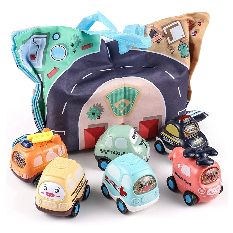Wholesale 6 Pcs Push and Go Toy Cars Set,Cartoon Inertia Baby Toy Cars with Play Mat (Storage Bag) for Kids