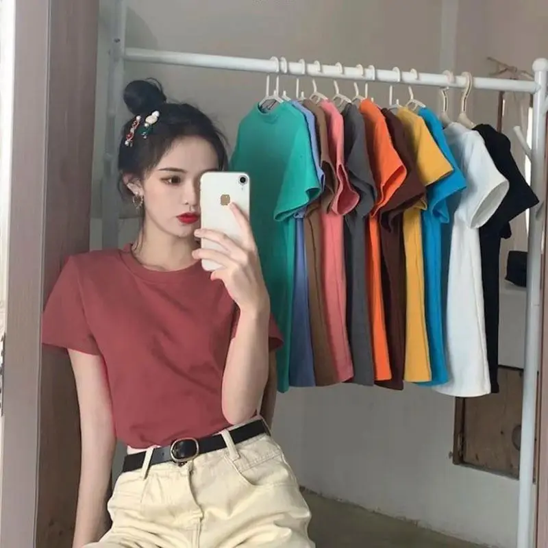 Candy-colored Korean Loose and versatile Casual Solid Ladies Oversize T Shirt Women Tshirt Plus Size Short Sleeve O-neck