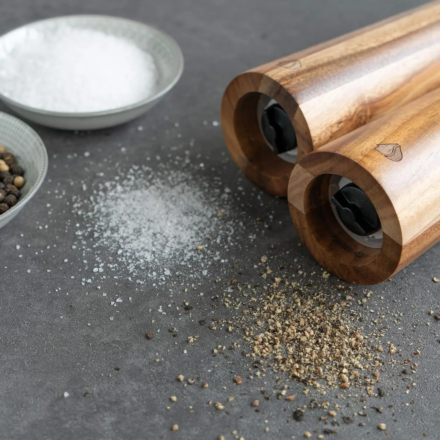 Salt and Pepper Mill Set - Adjustable Acacia Wood Salt and Pepper Grinders Shakers with Ceramic Grinding Core for Home