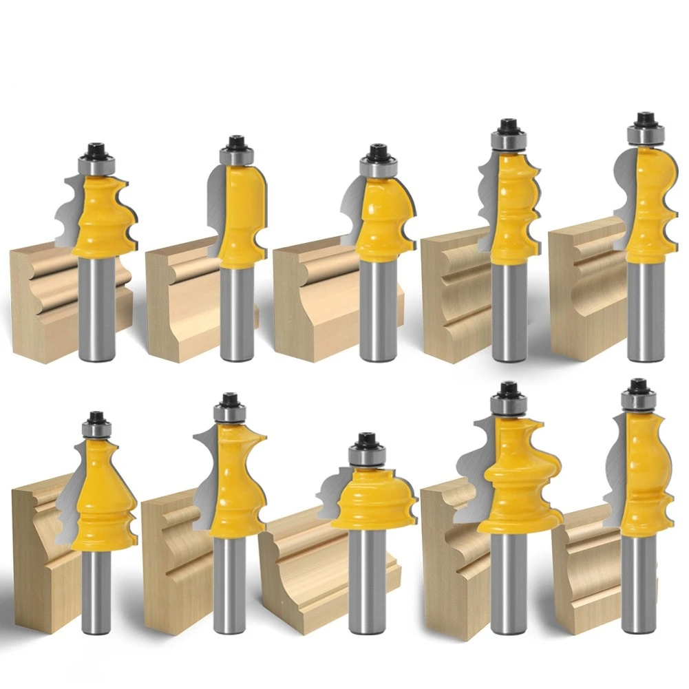 10pcs set 1/2 shank woodworking line handrail end mill lace milling cutter cabinet door top line router bit for carving machine