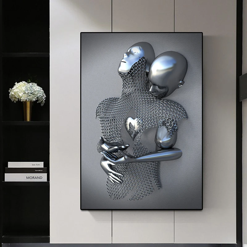 Metal Figure Statue Art Canvas Painting Posters and Prints Modern Lovers Sculpture Wall Pictures for Living Room Home Decoration