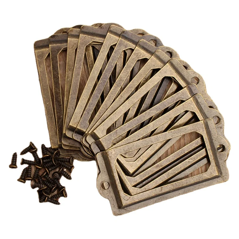 12Pcs Antique Brass Metal Label Pull Frame Handle File Name Card Holder For Furniture Cabinet Drawer Box Case Bin