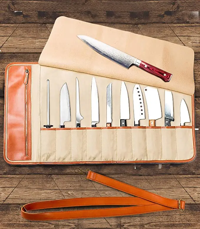 Chef Knife Roll Bag Carrying Case Holds 10 Knives  Leather Zipper for Culinary Tools  Knives Not Included