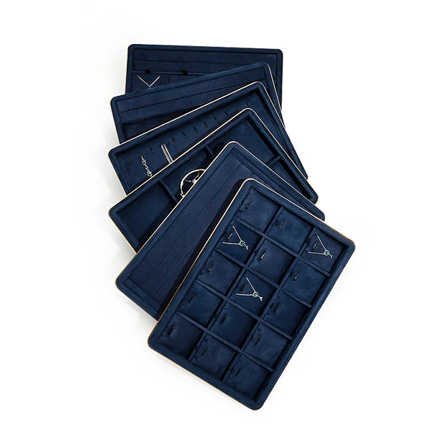 Wholesale blue suede leather necklaces earrings bracelets rings display jewelry tray