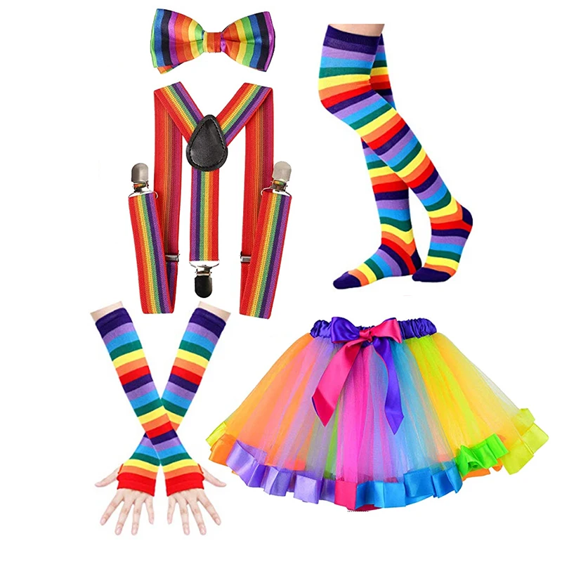 Womens 80s Neon Party Outfit Costume Rainbow Stripes Arm Warmer Long Socks Bowtie Suspenders Tutu Skirt Cosplay Set