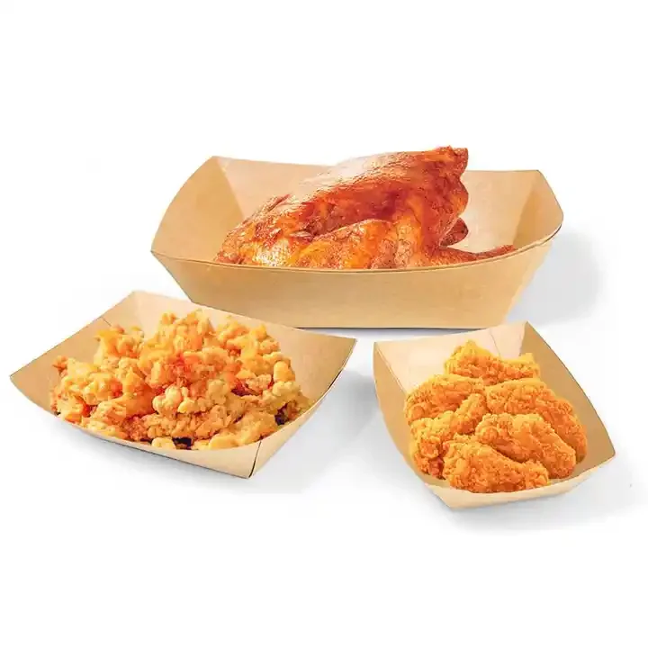 Food Grade Brown Kraft Paper Plates Holder Trays Hot Dog Fast Food Holding Packaging