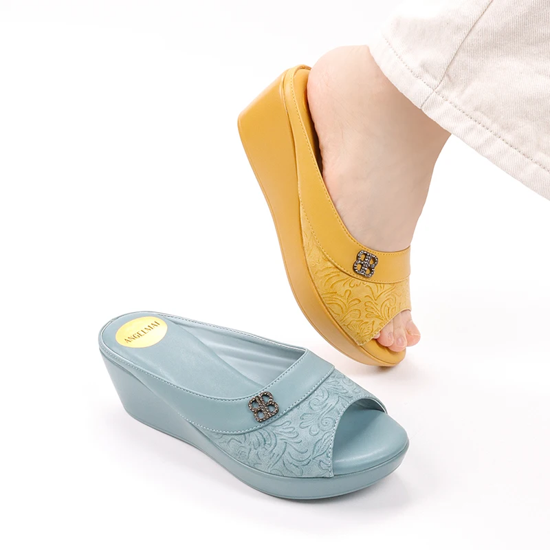 Summer Thick Platform Carving Mules Fish Mouth Open Toe Wedges Shoes Women Rhinestone Mama Shoes Comfortable Mujer Casual Shoes