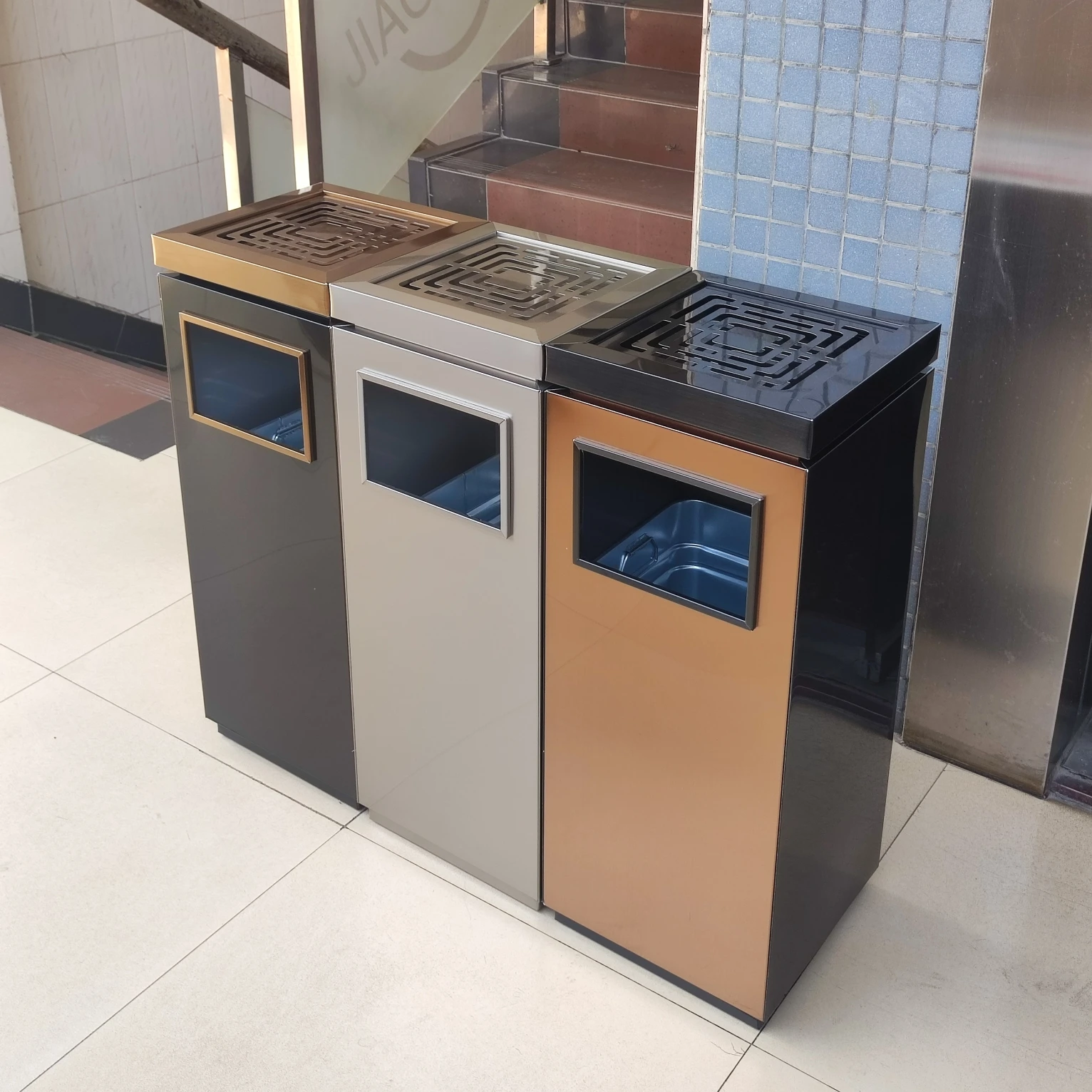 luxury commercial trash cans metal dustbin stainless steel ashtray waste bin for office building hotel entrance mall public area