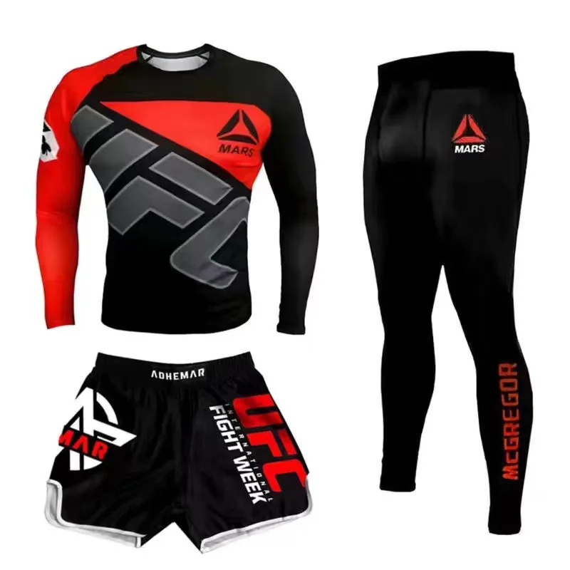 Sportswear MMA Rashguard T-shirt+Shorts 3pcs/set Muay Thai Suit Bjj Kickboxing Men Gym Competition Sport Training Combat Wear