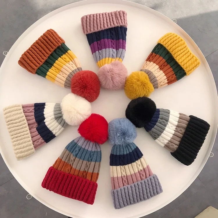 KENSHELLEY Amazon High Quality Winter Hat Women Luxury Mixed Color Beanie Hat Thicken Wool  Cable Knitted Beanie With Lining