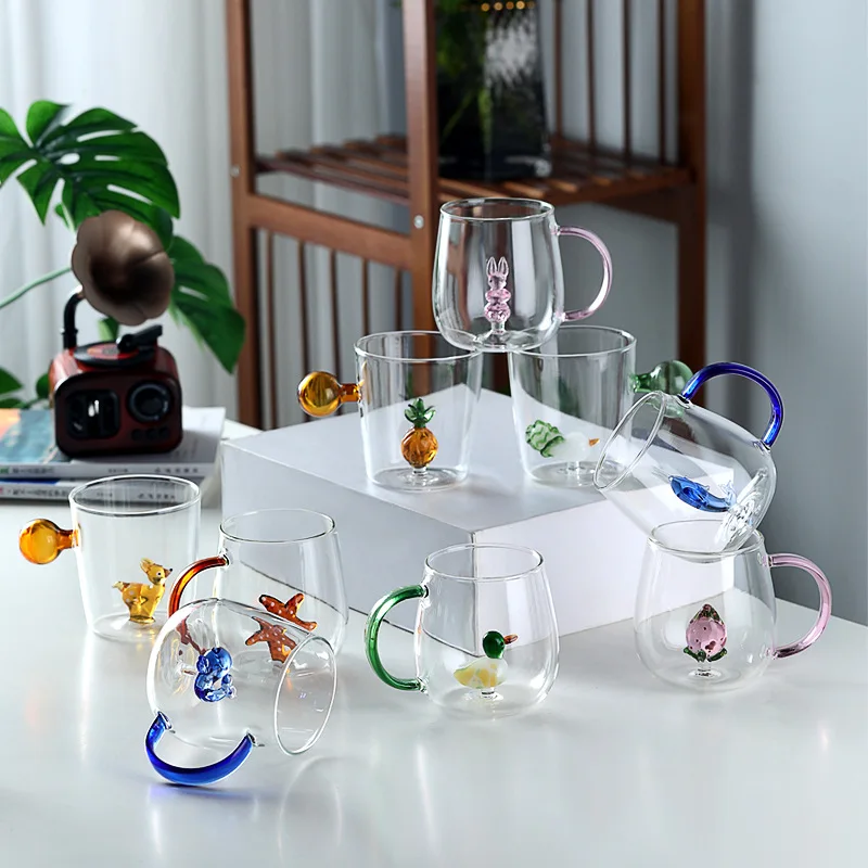 56H  With handle glass three-dimensional animal cartoon ball transparent glass single tier water glass