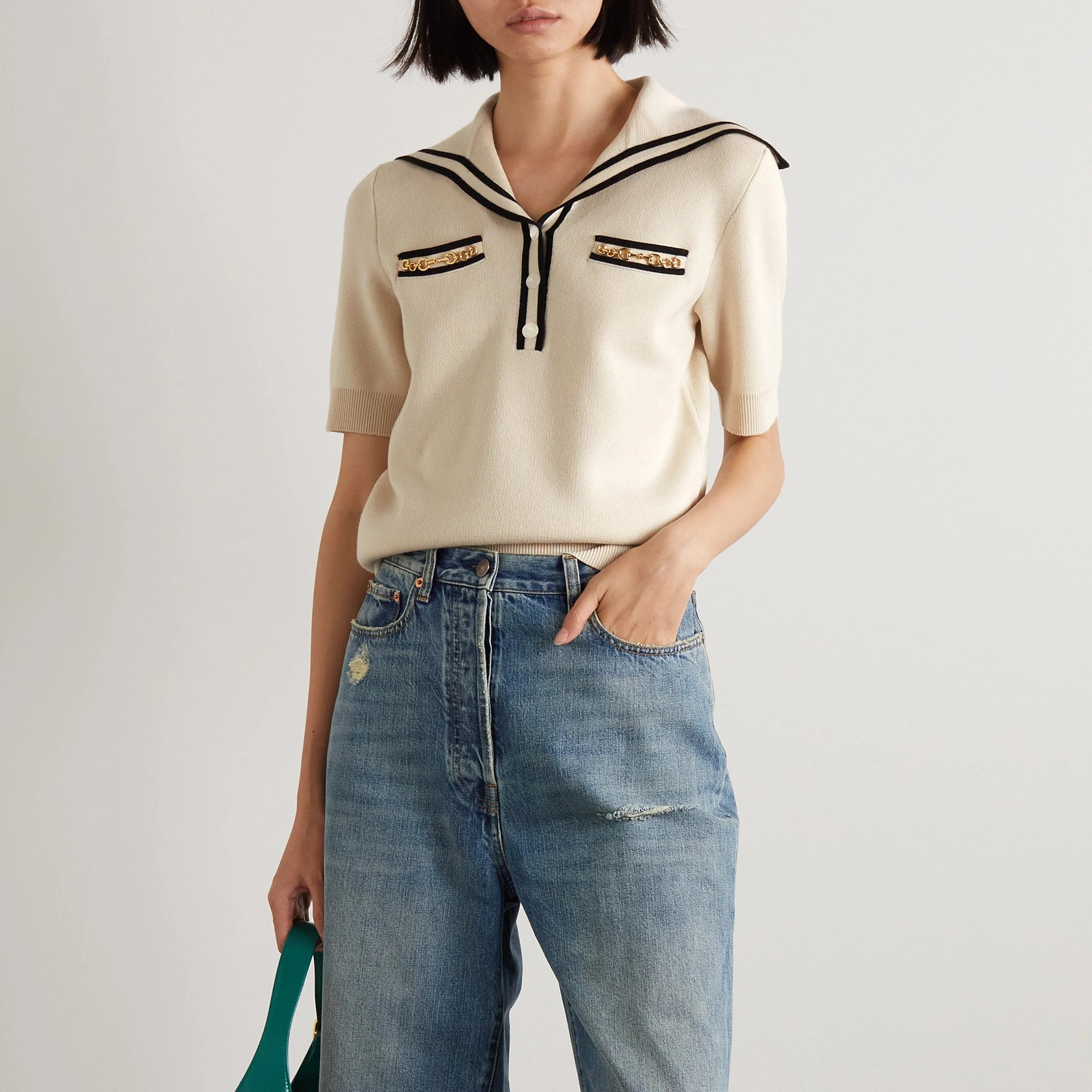 Custom summer short sleeve pocket stripe trim nautical style wool knitted polo shirt women