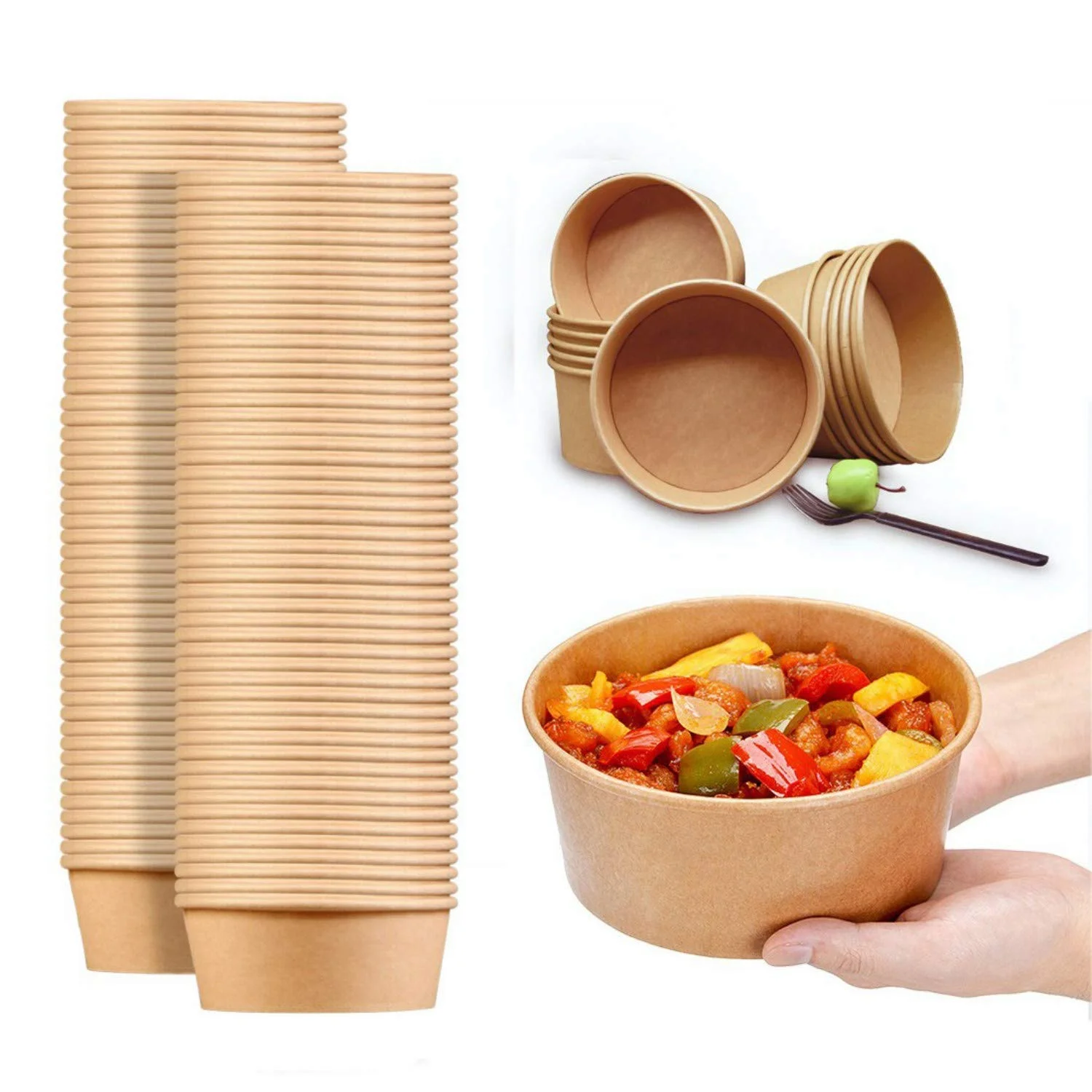 25oz 750ml Kraft Paper Bowl With lids Round Shape Salad Bowl Paper Food Cups for Salad Frozen Dessert Yogurt Ice Cream