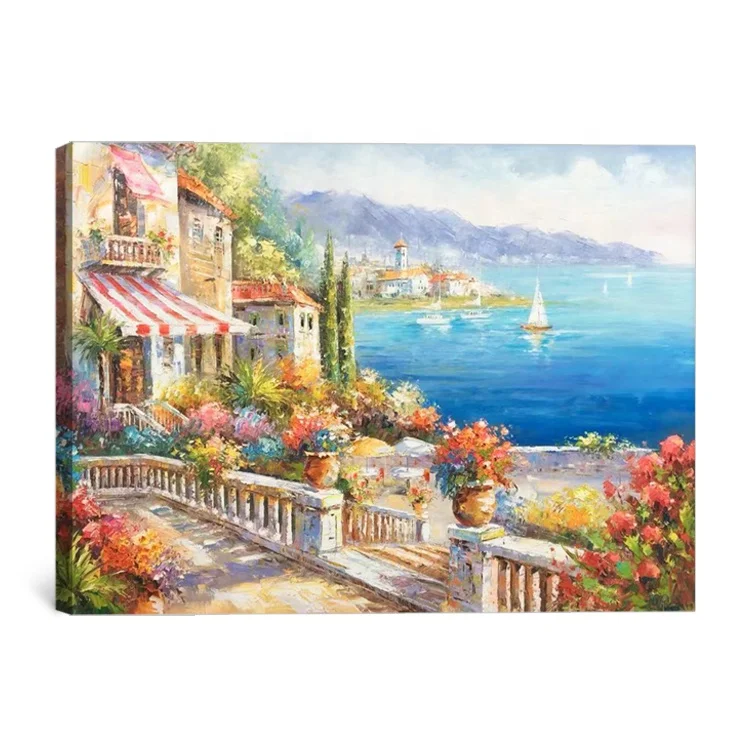 Coastal Italy Art Mediterranean Painting Handmade Oil on Canvas Wall Art Decor
