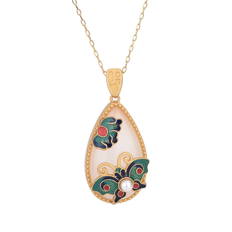 Chinese Style Accessories Copper Plated 24K Gold with Artificial Jade Enamel Cloisonne Butterfly Necklace for Gifts Weddings