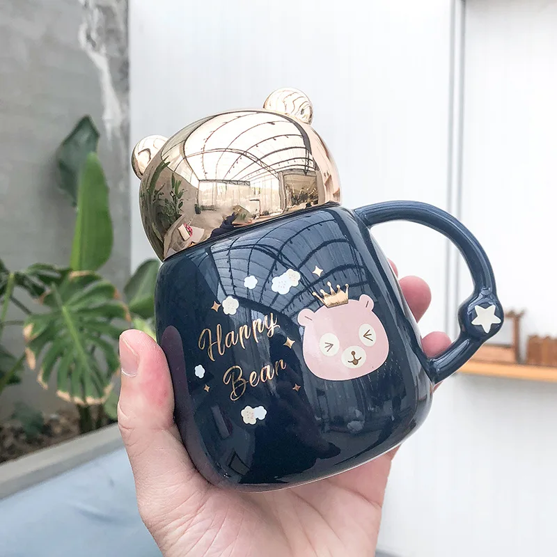 2021 explosions bear twist cover ceramic cup gold mirror pot-bellied creative mug creative cup with lid and spoon