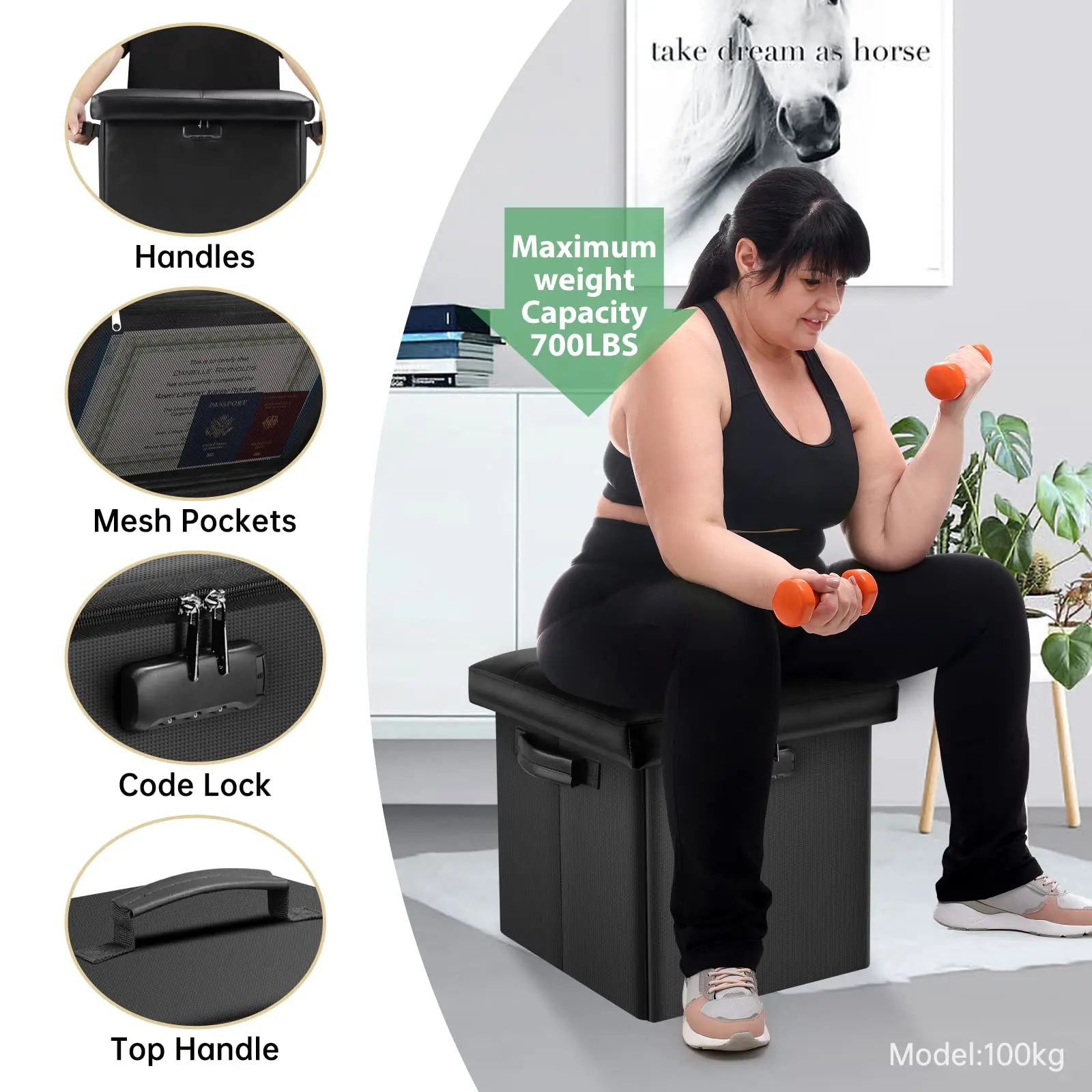 OEMNew Square Storage Ottoman With Tray and Lock Fireproof Folding Storage Ottoman Bench Portable Folding Stool with Storage Box