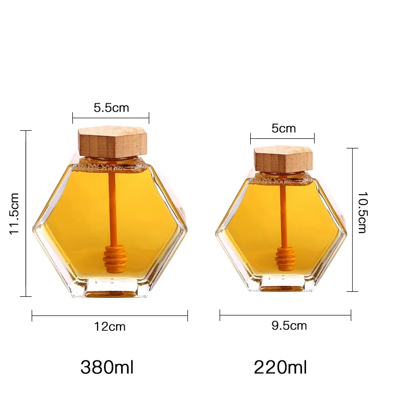 Honeycomb Shape Hexagonal Glass storage Pot cruet Spice Herb Mini Honey Jar with Wooden Dipper and Bamboo Lid
