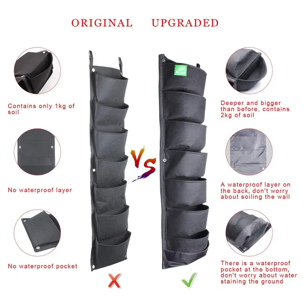 Green/Black New Upgraded Deeper and Bigger 7 Pocket Hanging Vertical Garden Wall Planter for Yard Garden Home Decoration