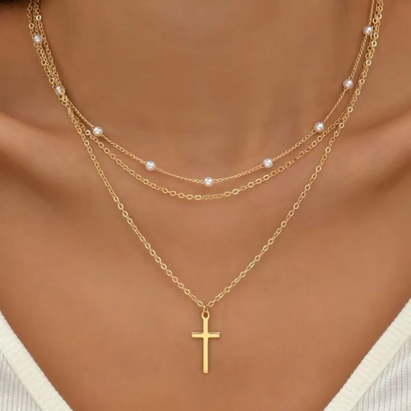 Fashion Gold Plated Pearl Multilayer Butterfly Pendant Necklace Women New Cuba Zircon Heart Cross Necklaces Jewelry For Gifts