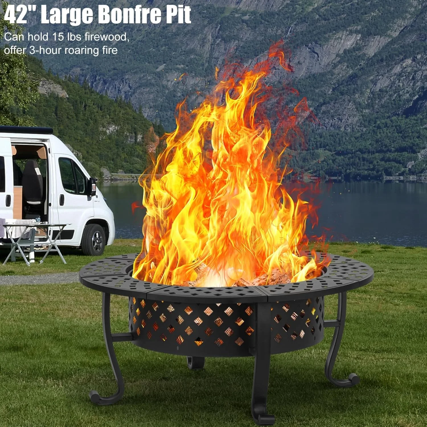 Hotsales 42 Inch Fire Pit, 2 BBQ Grills Wood Burning Picnic Party Pits Lid, Fire Poker Outdoor Firepit Outside Round Metal Table