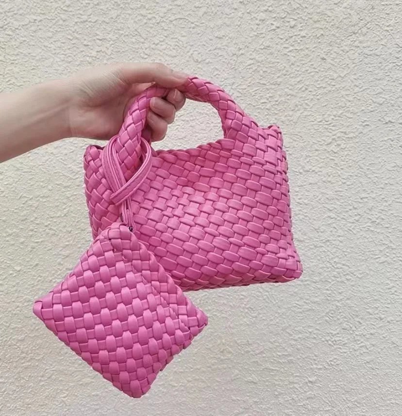 2PCS/Set Women Retro Large Capacity Handmade Woven Handbag Soft PU Leather Tote Bags With Small Woven Purse PU Weave Bag