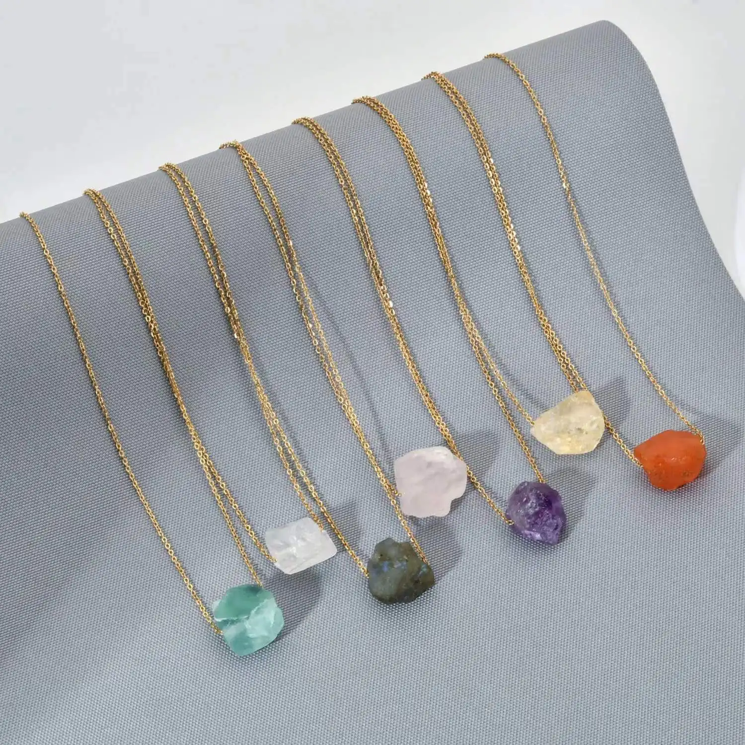 PJ-C456 Raw Birthstone Necklace , Layering Dainty Stone Pendant Healing Crystal Necklace stainless steel chain