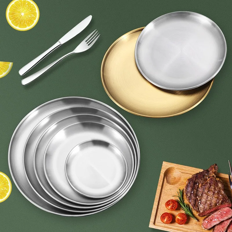 Two Color Options Dinner Dishes Service Korean Round Plate Stainless Steel 201 Dinner Plates Food Dish for Home