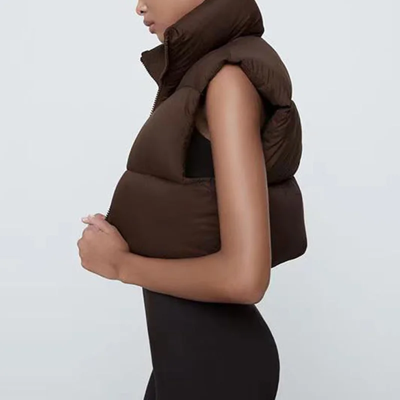 wholesale winter stand up collar zipper sleeveless cropped puffer women vest jacket
