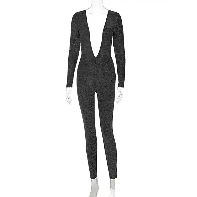 Clothes Festival Outfit Rave Hot Selling Deep Neck Long Sleeve Bodycon Jumpsuit Backless Rompers Women