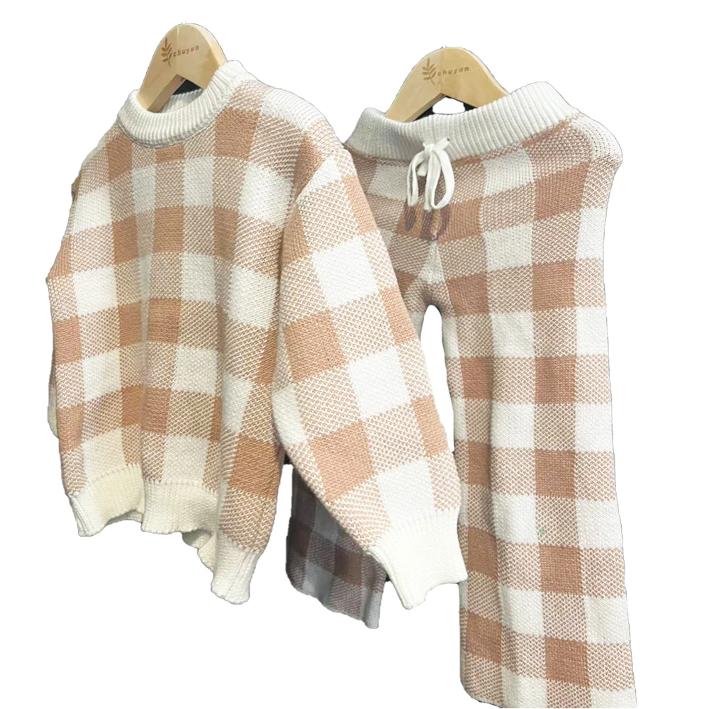 Cotton Yarn Checkers Winter Autumn Casual Lounge Suits Children Baby Knit Sweater Set