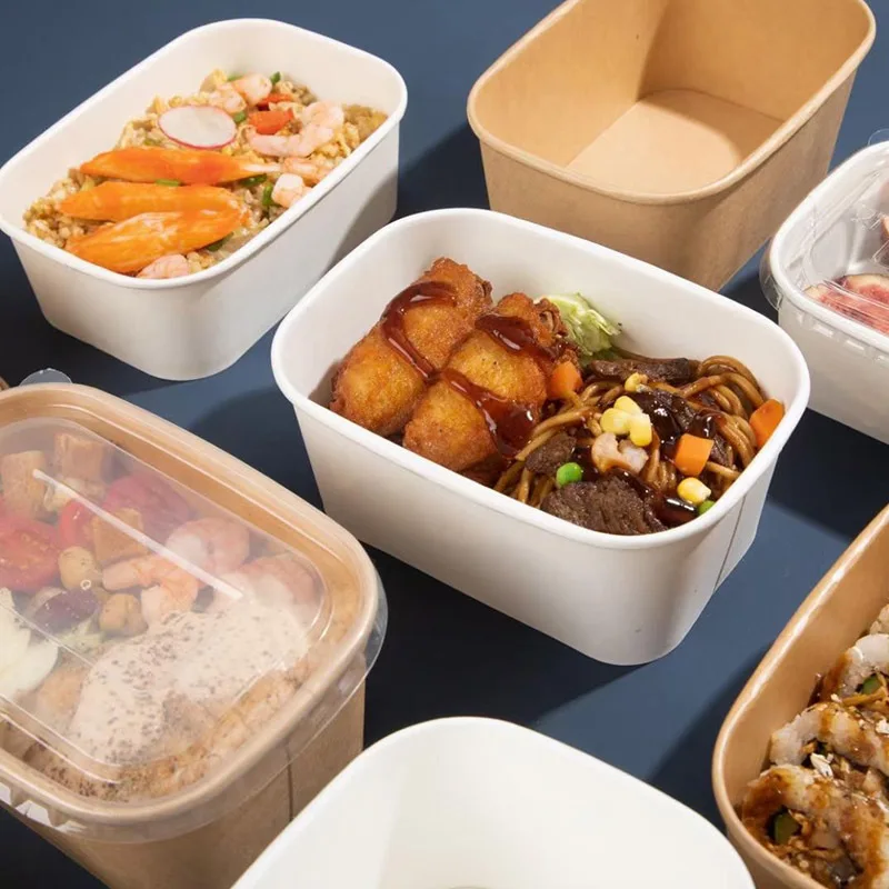 2023 eco friendly logo customization Disposable Biodegradable Square Rectangle Shape salad paper bowl with lid