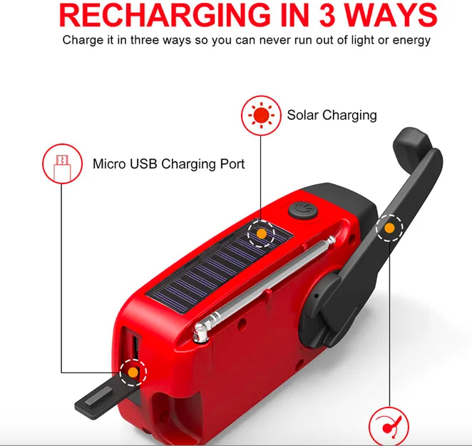 Emergency Hand Crank Portable Solar Radio with Flashlight & 2000mAh Phone Charging