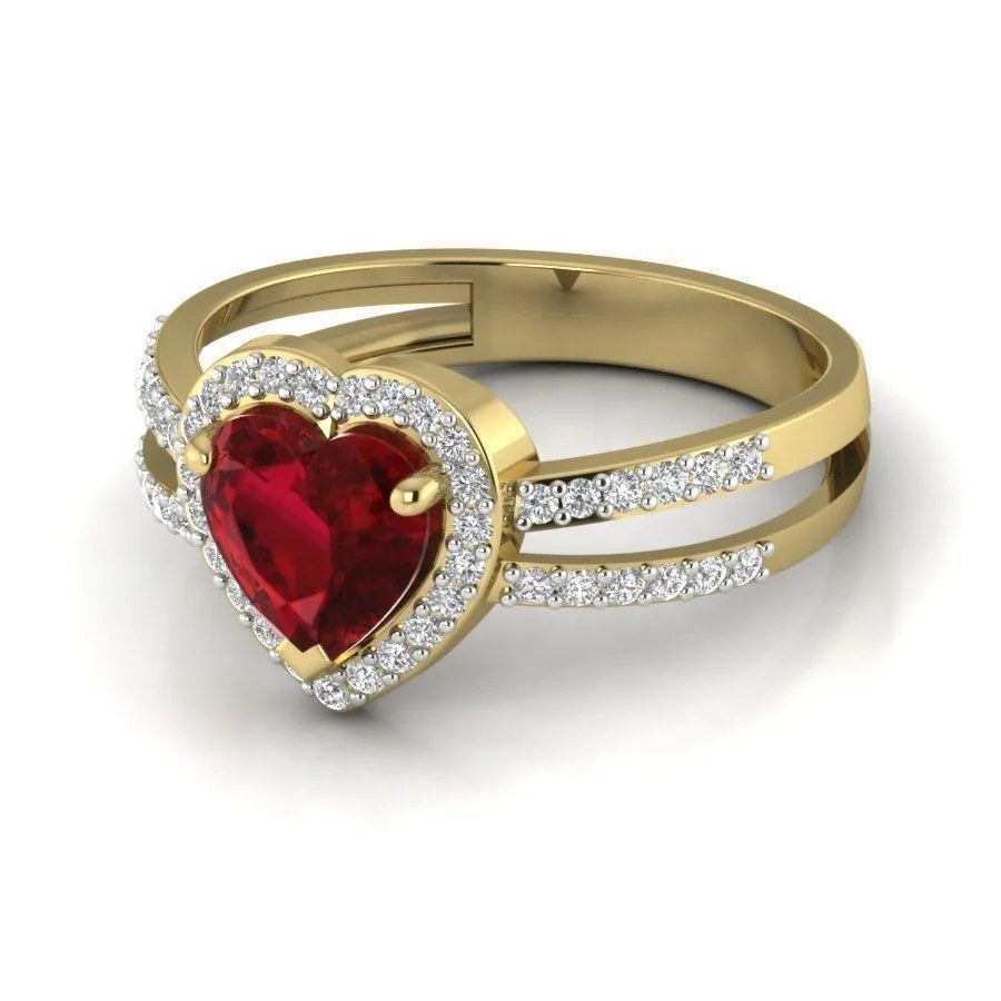 FirstMadam 18k Yellow Gold Heart Shaped Garnet and Round Lab White Diamond Halo Engagement Ring