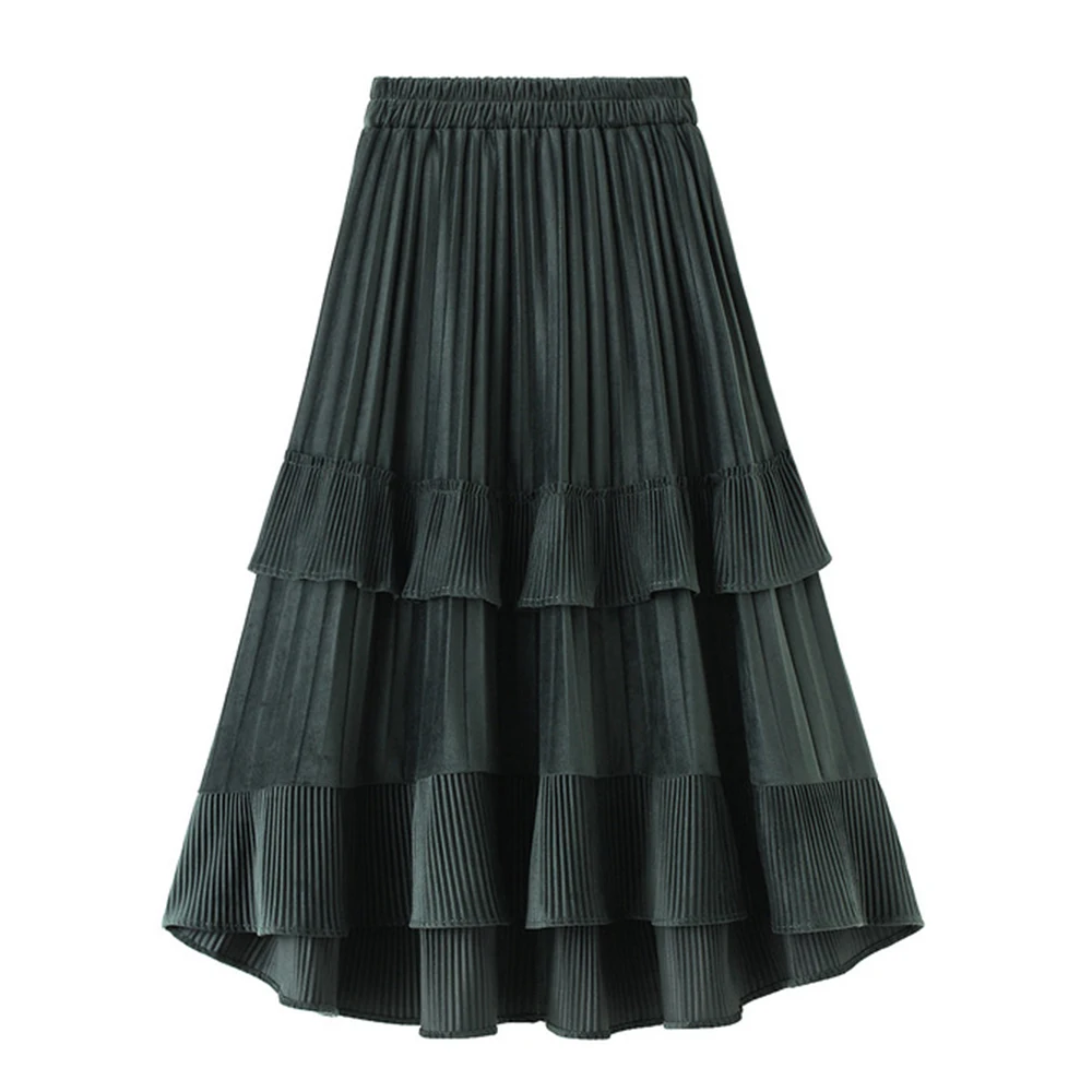Short Front Long Back Irregular Skirt VD3273 Women Black Coffee Pleated Velvet Autumn Winter Skirts