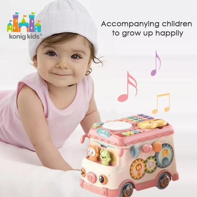 Konig Kids Multi functional  Cute Pink And Green Activity Musical Bus Toy For Baby Early Educational Early Learning Toys