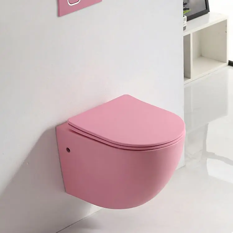 Two Piece Wash Down Bathroom WC Rimless Ceramic Pink Toilet Bowl Sanitary Ware Wall mounted Toilet Set