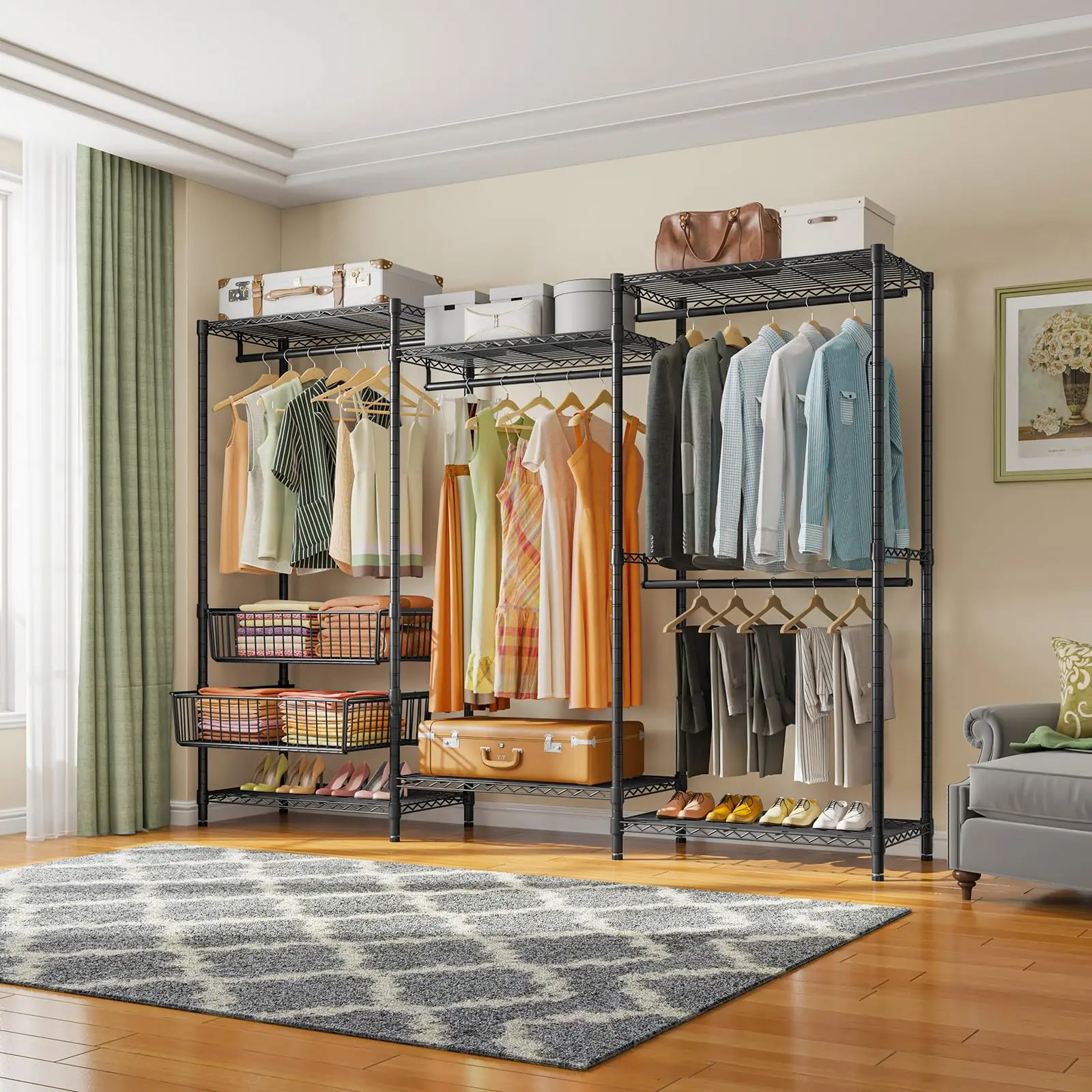 Large Size 5-Tier Heavy Duty Wire Garment Rack With Wood Hanging Rods and 2 Slid Storage Baskets Premium Clothes Rack