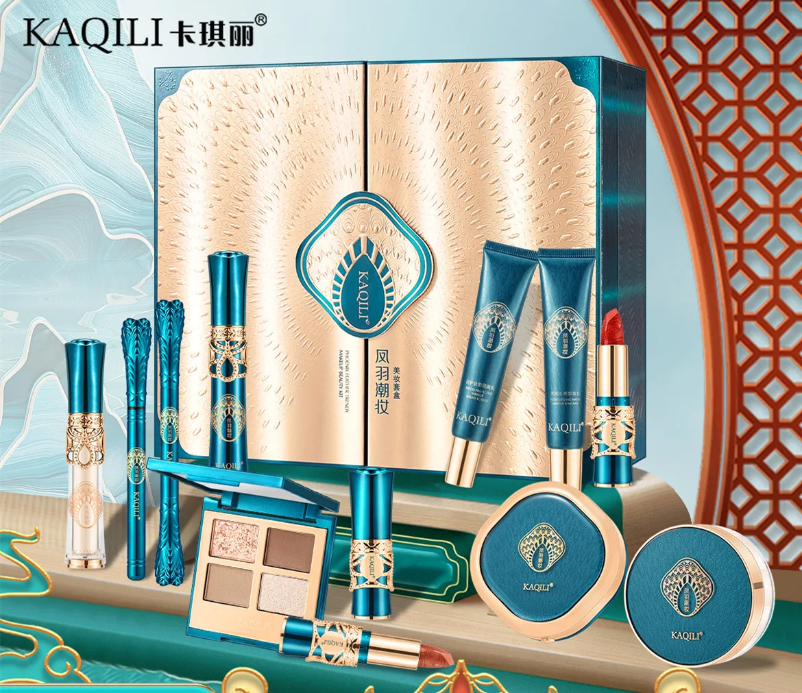 Kaqili easy taken 12pcs make up box  luxury oriental phenix  make up set waterproof  primer foundation beauty box gift set