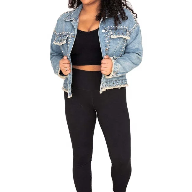 2022 Adult new arrival design beaded denim short jacket women short denim top S-3XL